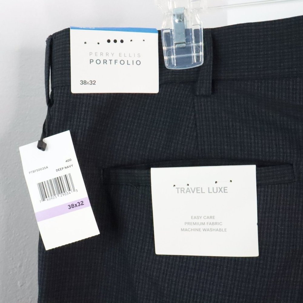 New Perry Ellis Portfolio Men's 38x32 Travel Luxe Charcoal Plaid Dress Pants - Picture 7 of 8